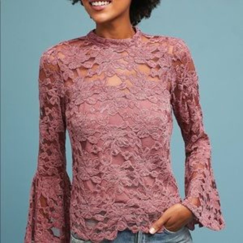 Anthro Akemi + Kin Pink Lace Trumpet Sleeve Blouse